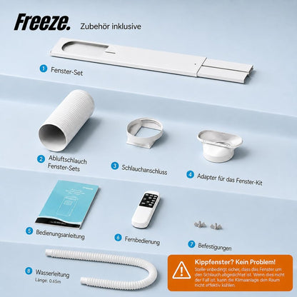 Freeze. seven 7000BTU Mobile air conditioner White – Monoblock-air conditioning unit with LED-display & remote control, timer and Sleep‑Modus, verstellbarer air outlet, child lock, incl. Abluftschlauch & Fenster