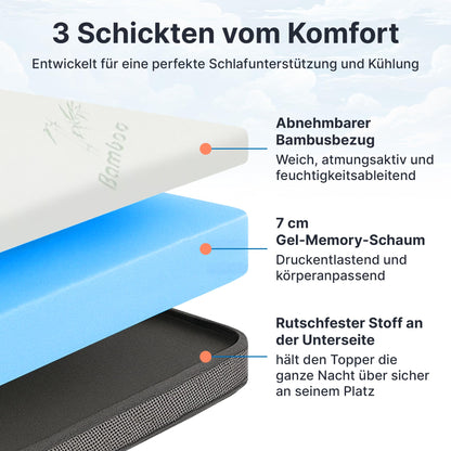 MKS.® Gel Topper 90x200 cm, H3 mattress topper with 7 cm Gel-memory foam, comfortpillow mattress topper with 3D-Luftpower, viscoelastice mattress toppern with removableem bamboo cover