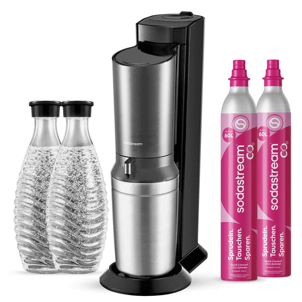 SodaStream Crystal 3.0 sparkling water maker with 2x Quick Connect CO₂ cylinder and 2x glass carafes