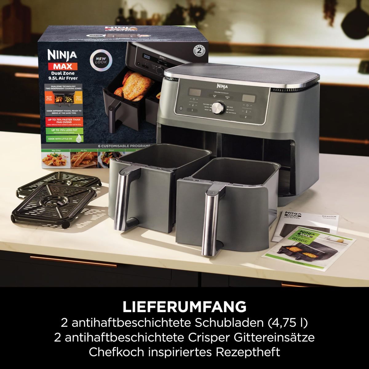 Ninja Dual zone digital Air Fryer, 2 drawers, Metallic Grey DZ400EU